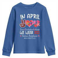 Autism Awareness Acceptance Red Instead Youth Sweatshirt In April We Wear Red Peace Love Puzzle