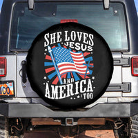 Funny She Loves Jesus And America Too Spare Tire Cover 4th Of July Patriotic Christian American Flag - Wonder Print Shop