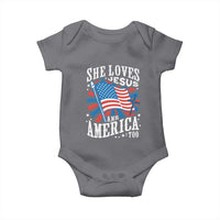 Funny She Loves Jesus And America Too Baby Onesie 4th Of July Patriotic Christian American Flag - Wonder Print Shop