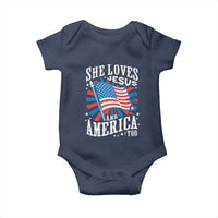 Funny She Loves Jesus And America Too Baby Onesie 4th Of July Patriotic Christian American Flag - Wonder Print Shop