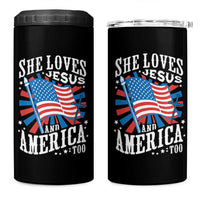 Funny She Loves Jesus And America Too 4 in 1 Can Cooler Tumbler 4th Of July Patriotic Christian American Flag - Wonder Print Shop