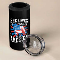 Funny She Loves Jesus And America Too 4 in 1 Can Cooler Tumbler 4th Of July Patriotic Christian American Flag - Wonder Print Shop