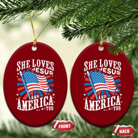 Funny She Loves Jesus And America Too Ceramic Ornament 4th Of July Patriotic Christian American Flag - Wonder Print Shop
