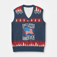 Funny She Loves Jesus And America Too V-Neck Knit Sweater Vest 4th Of July Patriotic Christian American Flag - Wonder Print Shop