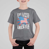 Funny She Loves Jesus And America Too T Shirt For Kid 4th Of July Patriotic Christian American Flag - Wonder Print Shop