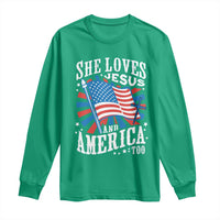 Funny She Loves Jesus And America Too Long Sleeve Shirt 4th Of July Patriotic Christian American Flag - Wonder Print Shop