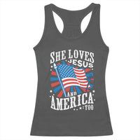 Funny She Loves Jesus And America Too Racerback Tank Top 4th Of July Patriotic Christian American Flag - Wonder Print Shop