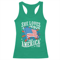 Funny She Loves Jesus And America Too Racerback Tank Top 4th Of July Patriotic Christian American Flag - Wonder Print Shop