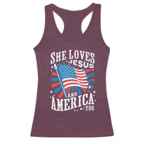 Funny She Loves Jesus And America Too Racerback Tank Top 4th Of July Patriotic Christian American Flag - Wonder Print Shop
