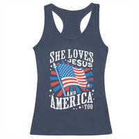 Funny She Loves Jesus And America Too Racerback Tank Top 4th Of July Patriotic Christian American Flag - Wonder Print Shop