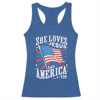 Funny She Loves Jesus And America Too Racerback Tank Top 4th Of July Patriotic Christian American Flag - Wonder Print Shop