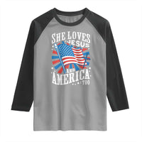 Funny She Loves Jesus And America Too Raglan Shirt 4th Of July Patriotic Christian American Flag - Wonder Print Shop