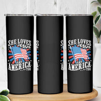 Funny She Loves Jesus And America Too Skinny Tumbler 4th Of July Patriotic Christian American Flag - Wonder Print Shop