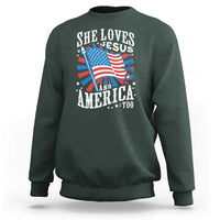 Funny She Loves Jesus And America Too Sweatshirt 4th Of July Patriotic Christian American Flag - Wonder Print Shop