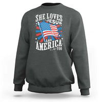 Funny She Loves Jesus And America Too Sweatshirt 4th Of July Patriotic Christian American Flag - Wonder Print Shop