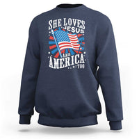 Funny She Loves Jesus And America Too Sweatshirt 4th Of July Patriotic Christian American Flag - Wonder Print Shop