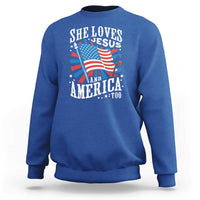 Funny She Loves Jesus And America Too Sweatshirt 4th Of July Patriotic Christian American Flag - Wonder Print Shop