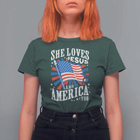 Funny She Loves Jesus And America Too T Shirt For Women 4th Of July Patriotic Christian American Flag - Wonder Print Shop