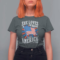 Funny She Loves Jesus And America Too T Shirt For Women 4th Of July Patriotic Christian American Flag - Wonder Print Shop