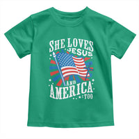 Funny She Loves Jesus And America Too Toddler T Shirt 4th Of July Patriotic Christian American Flag - Wonder Print Shop