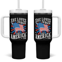 Funny She Loves Jesus And America Too Tumbler With Handle 4th Of July Patriotic Christian American Flag - Wonder Print Shop