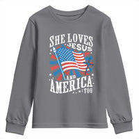 Funny She Loves Jesus And America Too Youth Sweatshirt 4th Of July Patriotic Christian American Flag - Wonder Print Shop