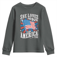 Funny She Loves Jesus And America Too Youth Sweatshirt 4th Of July Patriotic Christian American Flag - Wonder Print Shop