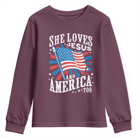Funny She Loves Jesus And America Too Youth Sweatshirt 4th Of July Patriotic Christian American Flag - Wonder Print Shop