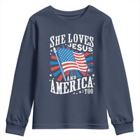 Funny She Loves Jesus And America Too Youth Sweatshirt 4th Of July Patriotic Christian American Flag - Wonder Print Shop