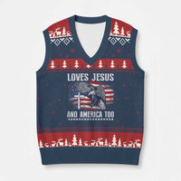 Funny Loves Jesus And America Too V-Neck Knit Sweater Vest 4th Of July Patriotic Christian Eagle American Flag - Wonder Print Shop