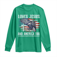 Funny Loves Jesus And America Too Long Sleeve Shirt 4th Of July Patriotic Christian Eagle American Flag - Wonder Print Shop