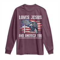 Funny Loves Jesus And America Too Long Sleeve Shirt 4th Of July Patriotic Christian Eagle American Flag - Wonder Print Shop
