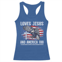 Funny Loves Jesus And America Too Racerback Tank Top 4th Of July Patriotic Christian Eagle American Flag - Wonder Print Shop