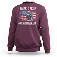 Funny Loves Jesus And America Too Sweatshirt 4th Of July Patriotic Christian Eagle American Flag - Wonder Print Shop