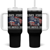 Funny Loves Jesus And America Too Tumbler With Handle 4th Of July Patriotic Christian Eagle American Flag - Wonder Print Shop
