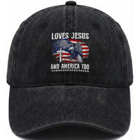 Funny Loves Jesus And America Too Washed Cotton Baseball Cap 4th Of July Patriotic Christian Eagle American Flag