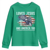 Funny Loves Jesus And America Too Youth Sweatshirt 4th Of July Patriotic Christian Eagle American Flag - Wonder Print Shop