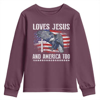Funny Loves Jesus And America Too Youth Sweatshirt 4th Of July Patriotic Christian Eagle American Flag - Wonder Print Shop