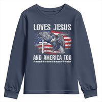 Funny Loves Jesus And America Too Youth Sweatshirt 4th Of July Patriotic Christian Eagle American Flag - Wonder Print Shop