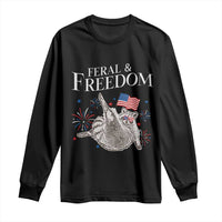 Funny Feral And Free Long Sleeve Shirt 4th of July Patriotic Raccoon With American Flag - Wonder Print Shop