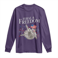 Funny Feral And Free Long Sleeve Shirt 4th of July Patriotic Raccoon With American Flag - Wonder Print Shop