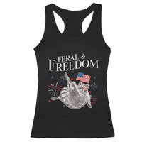 Funny Feral And Free Racerback Tank Top 4th of July Patriotic Raccoon With American Flag - Wonder Print Shop