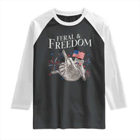 Funny Feral And Free Raglan Shirt 4th of July Patriotic Raccoon With American Flag - Wonder Print Shop