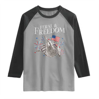 Funny Feral And Free Raglan Shirt 4th of July Patriotic Raccoon With American Flag - Wonder Print Shop