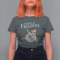 Funny Feral And Free T Shirt For Women 4th of July Patriotic Raccoon With American Flag - Wonder Print Shop