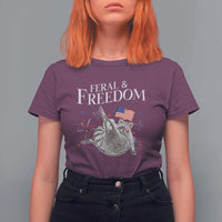 Funny Feral And Free T Shirt For Women 4th of July Patriotic Raccoon With American Flag - Wonder Print Shop