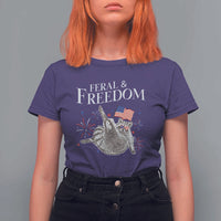 Funny Feral And Free T Shirt For Women 4th of July Patriotic Raccoon With American Flag - Wonder Print Shop