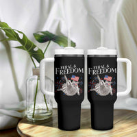 Funny Feral And Free Tumbler With Handle 4th of July Patriotic Raccoon With American Flag - Wonder Print Shop