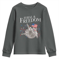 Funny Feral And Free Youth Sweatshirt 4th of July Patriotic Raccoon With American Flag - Wonder Print Shop