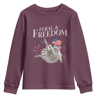Funny Feral And Free Youth Sweatshirt 4th of July Patriotic Raccoon With American Flag - Wonder Print Shop